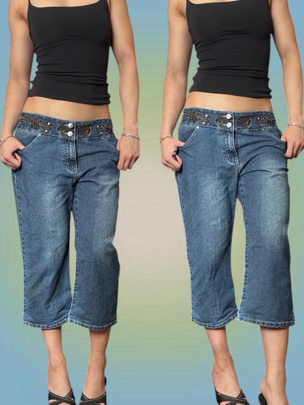 Cosmopolitan Blue Cropped Wide-Leg Jeans with Embellished Waist